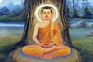 Ba Vang Budist tapınağı. Buda 'nın hayatı. Shakyamuni Buddha meditasyon pozunda Bodhi ağacının altında oturuyor. Uong Bi. Vietnam. 