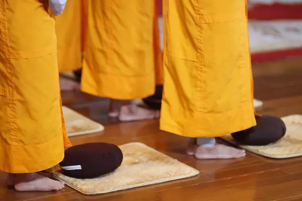 Vang Buddisttempel Munkar Religiösa Ritualer Buddhistisk Ceremoni Zafu Meditation Kuddar — Stockfoto