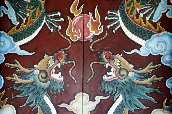 Dibujos Dragones Entrada Del Templo Chino Quan Cong Del Siglo — Foto de Stock