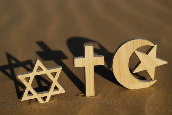 Religious Symbols Sand Sunset Jewish Star David Muslim Star Crescent — Stock Photo, Image