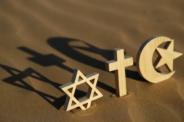 Religious Symbols Sand Sunset Jewish Star David Muslim Star Crescent — Stock Photo, Image
