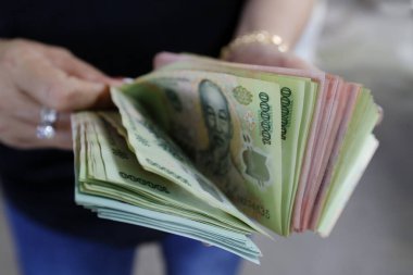 Vietnam para birimi, Dong. Banknotları olan bir kadın. Ekonomi konsepti. Vietnam. 