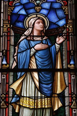 Lekeli cam. Mavi elbiseli Bakire Meryem. Cenevre. İsviçre. 