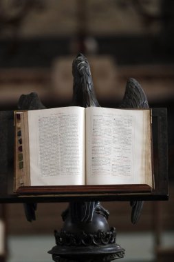 Auxerre Katedrali. Kartal kürsüsündeki eski İncil. Auxerre. Fransa. 