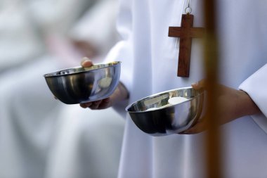 La Benite Fontaine Sığınağı. Katolik ayini. Ayin töreninde sunucu çocuk. Fransa. 