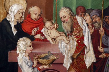 Unterlinden Müzesi. Tahta panelde İsa 'nın Tapınak Yağı' nda sunumu. Martin Schongauer. 15. yüzyılın sonları. Colmar. Fransa. Colmar. Fransa. 