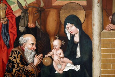 Unterlinden Müzesi. İsa 'nın. Üç bilge adam ya da büyücü tarafından Çocuk İsa 'ya tapma. Tahta paneldeki yağ. Martin Schongauer. 15. yüzyılın sonları. Colmar. Fransa. Colmar. Fransa. 