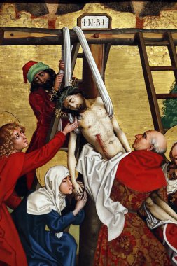 Unterlinden Müzesi. İsa 'nın Tutkusu. İsa çarmıhtan indirilir. Detay ver. Tahta paneldeki yağ. Martin Schongauer. 15. yüzyılın sonları. Colmar. Fransa. Colmar. Fransa. 