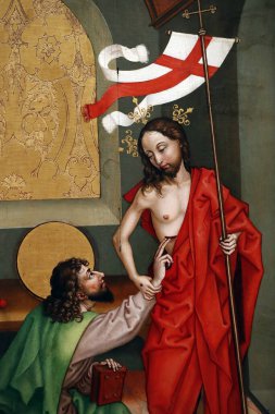 Unterlinden Müzesi. Aziz Thomas 'ın Yüceliği. Ayrıntılar. Tahta paneldeki yağ. Martin Schongauer. 15. yüzyılın sonları. Colmar. Fransa. Colmar. Fransa. 