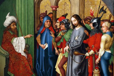 Unterlinden Müzesi. İsa Sanhedrin tarafından lanetlendi. Ayrıntılar. Tahta paneldeki yağ. Martin Schongauer. 15. yüzyılın sonları. Colmar. Fransa. Colmar. Fransa. 