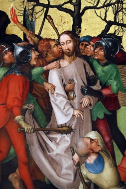 Unterlinden Müzesi. İsa 'nın Tutkusu. Yahuda 'nın öpücüğü. Ayrıntılar. Tahta paneldeki yağ. Martin Schongauer. 15. yüzyılın sonları. Colmar. Fransa. Colmar. Fransa. 