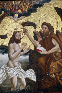 Unterlinden Müzesi. İsa 'nın vaftiz töreni. Ayrıntılar. Tahta paneldeki yağ. Martin Schongauer. 15. yüzyılın sonları. Colmar. Fransa. Colmar. Fransa. 