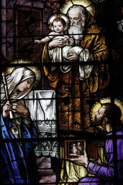 Led Glass 1920 'leri inşa etti. Franz Meyer Almanya 'dan cam. Tapınakta İsa 'nın sunumu. Gesu Katolik Kilisesi. 