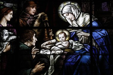 Led Glass 1920 'leri inşa etti. Franz Meyer Almanya 'dan cam. Doğum sahnesi. Çobanların Hayranlığı. Gesu Katolik Kilisesi. 
