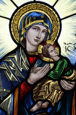 Song Vinh Kilisesi. Lekeli cam. Daimi Yardımcımız. Bakire ve çocuk. Vietnam.