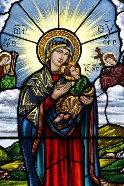 Song Vinh Kilisesi. Lekeli cam. Daimi Yardımcımız. Bakire ve çocuk. Vietnam.