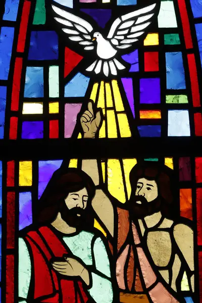 Stained glass. Baptism of Christ by John the Baptist.  Wesleyan Holiness Church. Wesleyan Methodist Church.