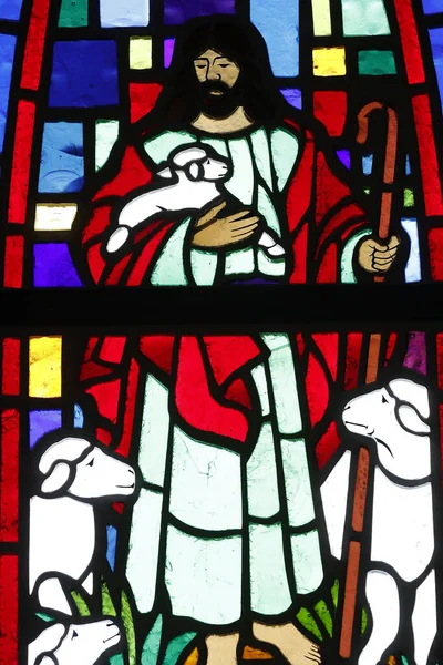 Stained glass.  Jesus the Good Shepherd.  Wesleyan Holiness Church. Wesleyan Methodist Church.