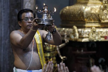 Sri Krishnan Hindu tapınağı. Hindu rahip (Brahmin) puja töreni ve ayinler yapıyor. Singapur. 