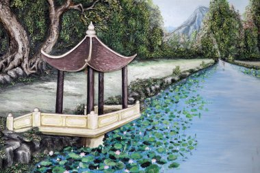 Thien Quang Co Tu Budist tapınağı. Duvar resmi. Dağ, nehir ve nilüfer çiçeği. Tan Chau. Vietnam.