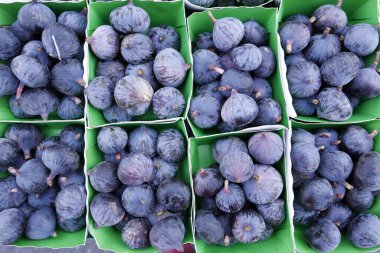 Çiftçi pazarında yeni toplanmış incirlerin sergilenmesi. Fransa. 