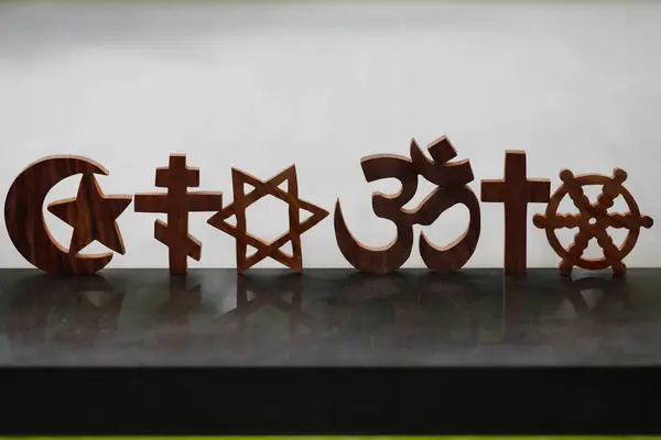 Religious symbols of Catholicism, Islam, Judaism, Orthodoxy, Protestant, Buddhism and Hinduism. Interreligious, interfaith dialogue and spirituality concept