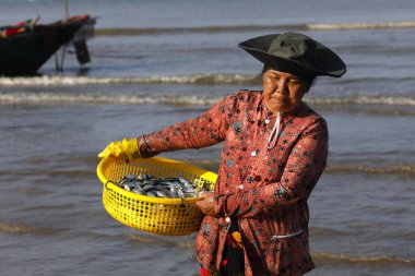 Dua Koyu 'nu asın, balıkçı tekneleri. Balık tutan kadın. Vung Tau. Vietnam.