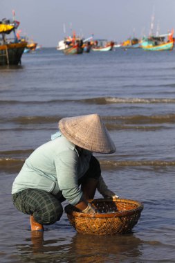 Dua Koyu 'nu asın, balıkçı tekneleri. Balık tutan kadın. Vung Tau. Vietnam.