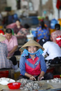 Küçük bir balık fabrikasında çalışan bir kadın. Balık filetosu hazırlıyorum. Vung Tau. Vietnam.