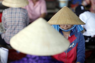Geleneksel Vietnam koni şapkası takan kadınlar balık fabrikasında çalışıyor. Vung Tau. Vietnam.