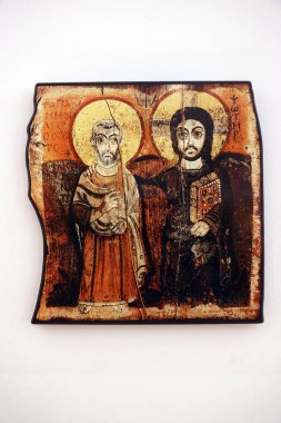İsa ve Başrahip Mena 'nın ikonu. Coptic resim. 