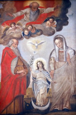 Gollet Barok Şapeli. Joachim, Bakire ve Aziz Anne. Resim yapmak. Saint-Gervais. Fransa.