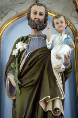 Mondanges Şapeli. Bebek İsa 'yla Aziz Joseph. Valgrisenche Heykeli. İtalya. 