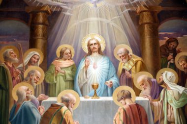 Saint-Grat Kilisesi. Son Akşam Yemeği, İsa, çarmıha gerilmeden önce Kudüs 'te 12 havarisiyle birlikte. İsa 'nın Tutkusu. Valgrisenche. İtalya. 