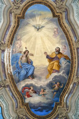 Saint-Grat Kilisesi. Tavan boyama. Kutsal Üçlü. Baba, İsa ve Kutsal Ruh. Valgrisenche. İtalya. 
