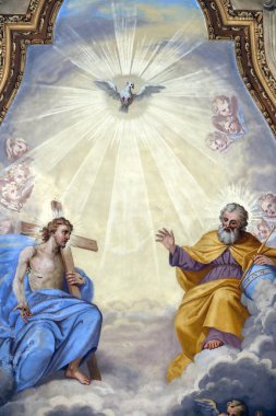 Saint-Grat Kilisesi. Tavan boyama. Kutsal Üçlü. Baba, İsa ve Kutsal Ruh. Valgrisenche. İtalya. 