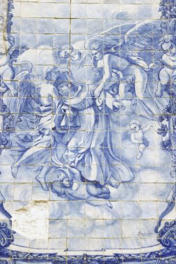 Capela Das Almas 'ın duvarlarında Azulejos ya da Ruhlar Şapeli. Assisi 'li Aziz Francis ve melekler. Porto. Portekiz. 