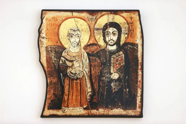 İsa ve Başrahip Mena 'nın ikonu. Coptic resim. 