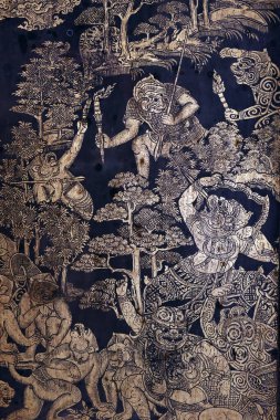 Bangkok Ulusal Müzesi. Tayland Budizmi, Buddaisawan taht binasındaki eski antika altın duvar resmi. Tayland.