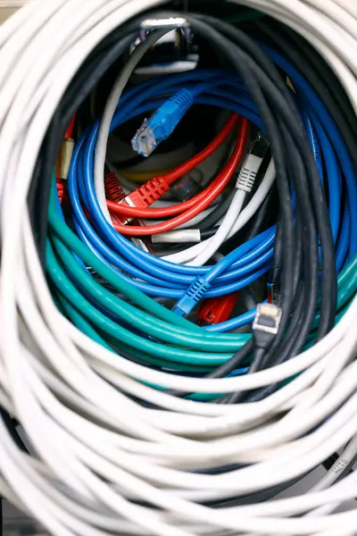 Abstract communication cables background. Wires and connectors for computer audio video