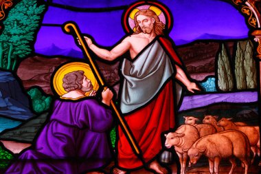 Aziz Leonard Kilisesi. Lekeli cam. Aziz Peter ve İsa. Arbois. Fransa. 