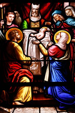 Saint Aubin Kilisesi. Lekeli cam. İsa 'nın sunumu tapınakta.