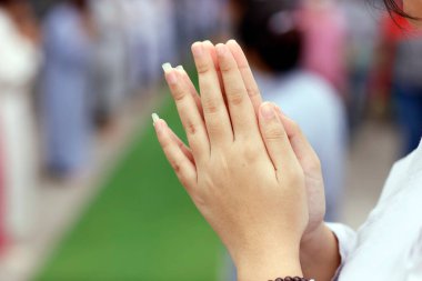 Phuoc Hue Budist tapınağı. Budist töreni. Buda 'ya dua eden kadın. Ellerinizi kapatın. Vietnam. 