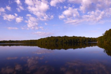 Burgundy 'de göl, orman ve mavi gökyüzü. Peyzaj. 
