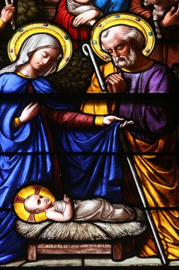 Cenevre 'deki Notre-Dame Bazilikasının vitrininde leke var. İsa 'nın. İsviçre. 