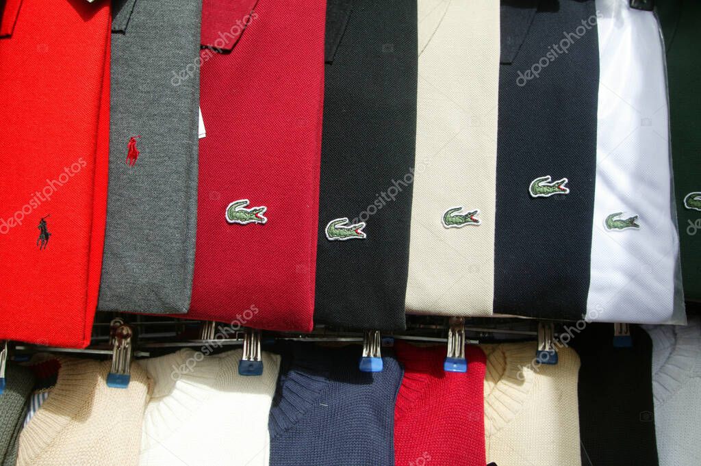 Copies of Lacoste polo shirts. Counterfeit clothing. China.