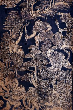 Bangkok Ulusal Müzesi. Tayland Budizmi, Buddaisawan taht binasındaki eski antika altın duvar resmi. Tayland.