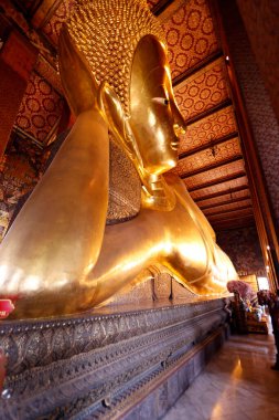 Wat Pho tapınağı. Büyük altın Buda heykeli (Phra Buddhasaiyas). Bangkok 'ta. Tayland.
