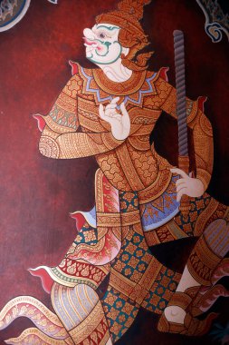 Wat Phra Kaew tapınağı. Ramakien 'den (Tayland Ramayana) bir resim. Resim yapmak. Bangkok 'ta. Tayland.