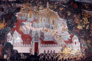 Wat Phra Kaew tapınağı. Ramakien 'den (Tayland Ramayana) bir resim. Resim yapmak. Bangkok 'ta. Tayland.
